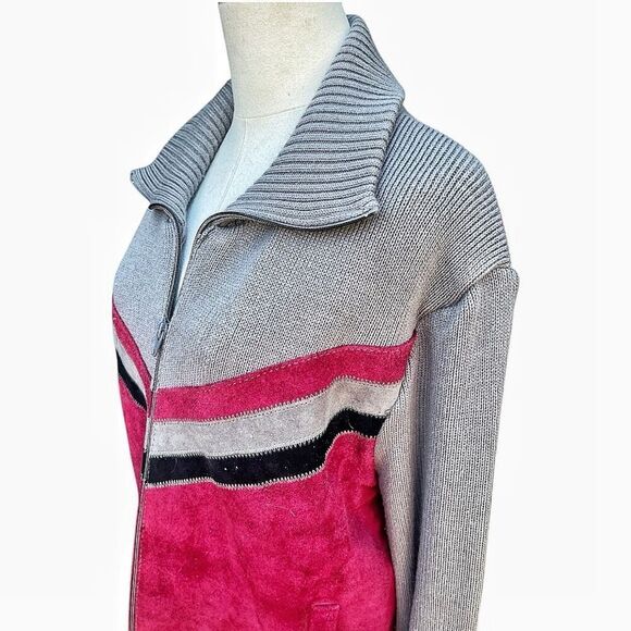 Men’s Vintage Hands Off Gray & Burgundy Suede Sweater Jacket Size Large - Picture 3 of 6